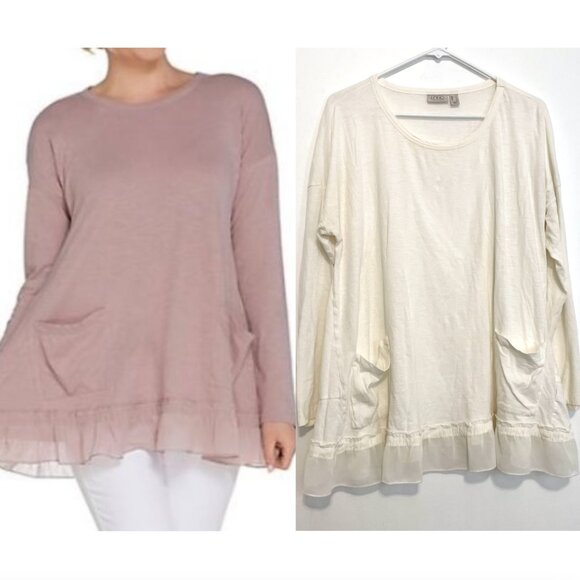LOGO BY LORI GOLDSTEIN Cotton Slub Drop Sleeve Knit Top w/ Trim Cream Ivory Boho - Picture 1 of 16